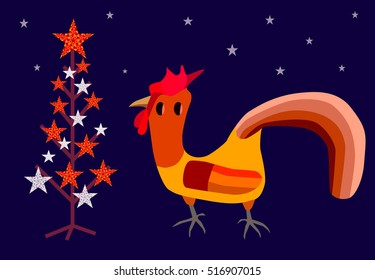 red rooster on blue background and red and blue star Christmas tree helps the tree