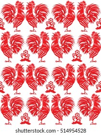 red rooster on a white background, vector seamless pattern