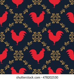 Red rooster seamless pattern. Symbol of 2017 year. Red rooster texture with gold floral ornament. Chinese New Year of the Rooster card. Oriental happy new year illustration.