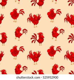 Red rooster seamless pattern. Symbol of Chinese New Year. Vector wallpaper.