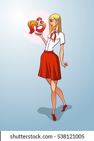 Red rooster is standing on hand of sexy girl. Vector cartoon illustration for Christmas cards.