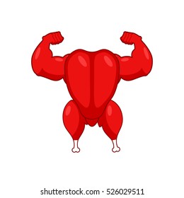 Red rooster strong. cock Symbol of new year. Powerful baked turkey with big biceps. Fowl bodybuilder. Fitness food for holiday. Sports fried chicken