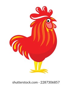 Red rooster stylized as a logo. Your poultry farm logo. Cartoon red rooster. Color vector illustration isolated on white.