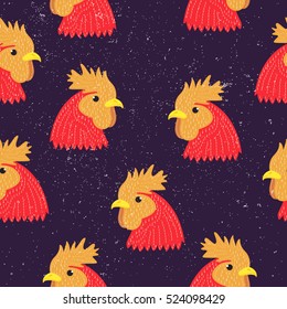  Red rooster, symbol of 2017, celebration Happy new year seamless pattern, for your flyers and greetings card. Vector illustration. Flat & Doodle style