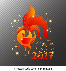 Red rooster the symbol of 2017 New Year with feathers and lights isolated on transparent background. Fiery rooster logo vector illustration for decoration of card, calendar, banner, poster, flyer