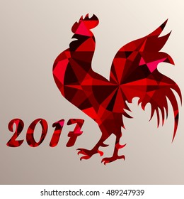 Red rooster as symbol of 2017 on the Chinese calendar. Silhouette of red cock, decorated with portuguese cut ruby on background. Vector element for New Year card, logo or other design.