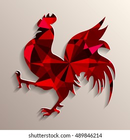 Red rooster as symbol of 2017 on the Chinese calendar. 3D silhouette of red cock, decorated with portuguese cut ruby on background. Vector element for New Year card, logo or other design.
