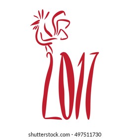 Red rooster, symbol of 2017. Silhouette of red cock.  Isolated on a white background.