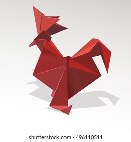 Red rooster the symbol of the new year 2017 stylized origami, design a calendar, postcards, flyers. Christmas goods. Minimalistic vector illustration.