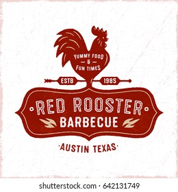 Red Rooster Textured Vintage Badge. Retro Barbecue Emblem. Cock Weather Vane Weathercock Silhouette. Illustrative Logo Design. Great for Food or Farm Related Business.