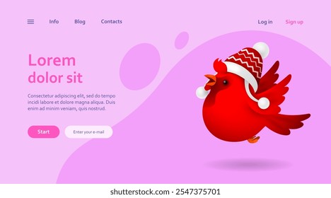 Red rooster wearing winter hat. Landing page template. Winter, New Year, celebration. Christmas concept. Vector illustration can be used for topics like holiday, childhood, event