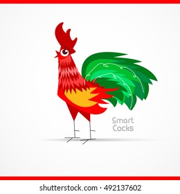 Red rooster year 2017. Vector illustration. Smart cock.