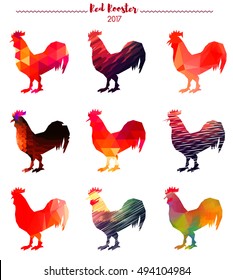 Red Roosters 2017 . Set of roosters, cocks, Chinese zodiac illustration collection. Logo, emblem, symbol designs bundle.  Rooster zodiac emblems.