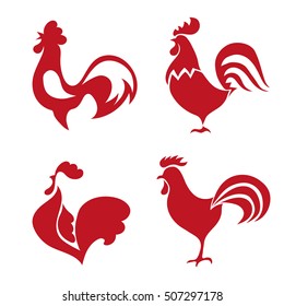 Red roosters logo set. Vector illustration of red cocks, symbol 2017. 