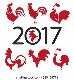 Red roosters logo set. Vector illustration of red cocks icons, symbol 2017. 