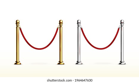 Red rope barrier with gold and silver stanchions. Velvet fence for entrance to cinema, club, theater and vip hall. Vector realistic set of 3d luxury barrier with golden posts for gallery and museum