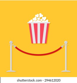 Red rope barrier stanchions turnstile Popcorn. Cinema icon in flat design style. Vector illustration