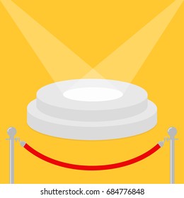 Red rope barrier stanchions turnstile facecontrol Round stage podium illuminated by spotlights. Empty pedestal for display. 3d realistic platform for design. Yellow background. Template. Flat Vector