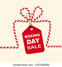 red rope line gift box and price tag. boxing day concept. vector illustration.