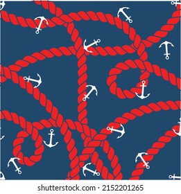red rope and sea achors vector graphic seamless pattern navy  nautical background 