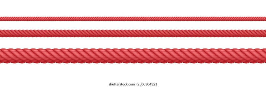 Red rope string, realistic jute cord, hemp twisted rope isolated on white background. Vector illustration.