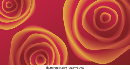 Red rose abstract shapes background, three flowers smooth blend into red backdrop