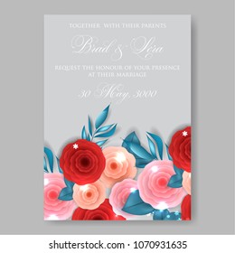 Red Rose Anemone Floral wedding invitation vector tempate 3d origami rununculus