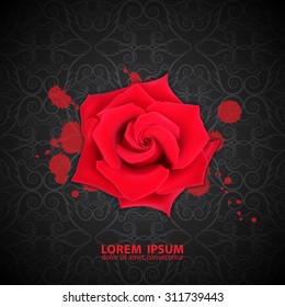 Red rose with bloody splash on black ornate background. EPS10 vector