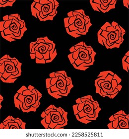 Red rose blooming flowers pattern vector illustration isolated on square black background for social media template cover, paper and scarf textile print, poster, brochure, and backdrop.