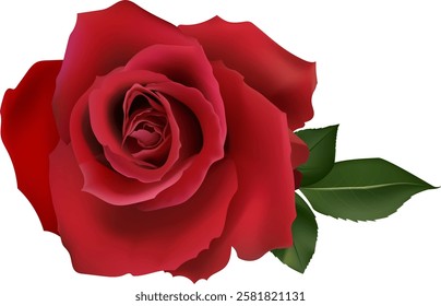 Red rose blooming with green leaves on a white background, perfect for romantic projects, Valentine s Day, weddings, and other special occasions, symbolizing love, passion, and beauty