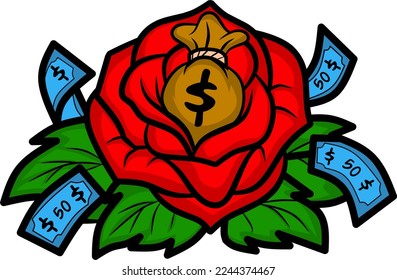 red rose blooming with money bag