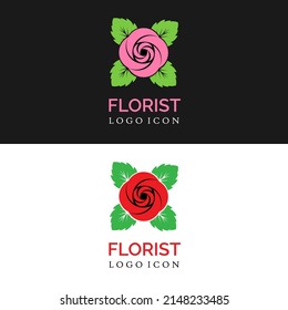 Red Rose blossom with leaves for simple modern florist business and flower shop logo design