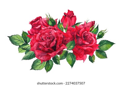 Red rose bouquet, bunch. Realistic floral watercolor vector with group of roses flowers