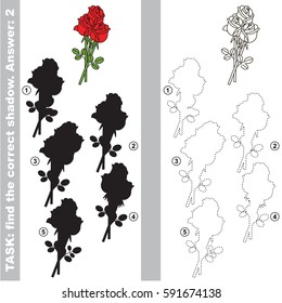 Red Rose Bouquet with different shadows to find the correct one, compare and connect object with it true shadow, the educational kid game with simple gaming level.