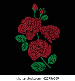 red rose bouquet embroidery artwork design for clothing, isolated flower vector on black background