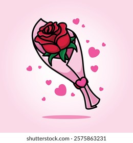 A Red Rose Bouquet Gift Cartoon Icon Vector Illustration. Isolated background. Love Symbol. Valentine's Day, Anniversary, Mother's Day Concept