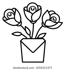 Red Rose Bouquet with Love Note Line Art.