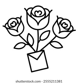 Red Rose Bouquet with Love Note Line Art.