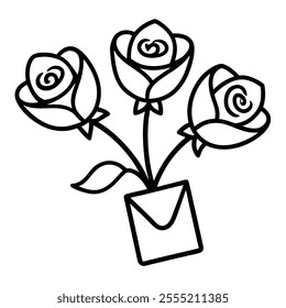 Red Rose Bouquet with Love Note Line Art.