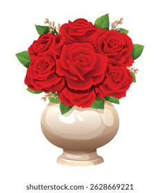 Red rose bouquet in a rounded vase, symbolizing love, passion, and romance. Vector cartoon illustration