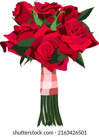 Red rose bouquet with stems and silk band. Isolated on white background