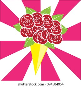 Red Rose Bouquet Wrapped Up With Yellow Paper On White And Pink Rays Background