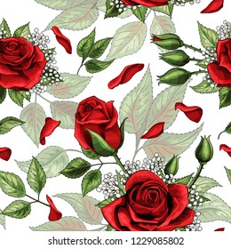 Red rose bouquets and green leaves elements seamless pattern vector background. For bed linen or light textile design