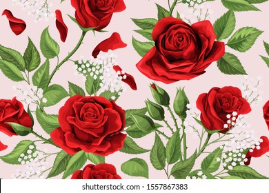 Red rose bouquets and green leaves seamless pattern vector background. Bright floral elements design. For bed linen or light textile design