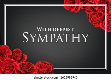 Red rose bouquets with white frame and text on a dark background. Save the date, sympathy, condolences or strict style postcard vector template