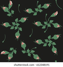 Red Rose in bud on black background. Seamless pattern.