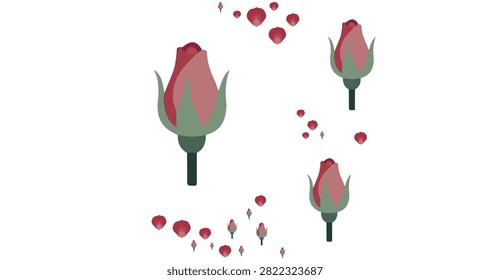 red rose buds with green stems and scattered petals creating romantic floral shapes on clean white background elegant natural plant elements