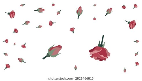 red rose buds scattered on white background with green stems minimal simple floral pattern romantic decoration design