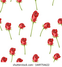 Red rose buttons on the stem vector seamless pattern on a white background.