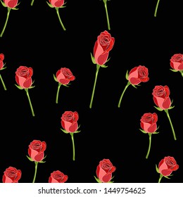 Red rose buttons on the stem vector seamless pattern on a black background.
